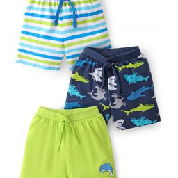 Babyhug Cotton Knit Striped & Shark Printed Shorts Pack of 3 - Green & Blue-picture-21