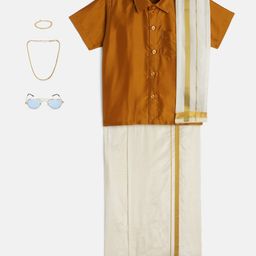 THANGAMAGAN Viscose Half Sleeves Solid Shirt With Mundu & Angavastram With Freebies Set - Mustard-image-131