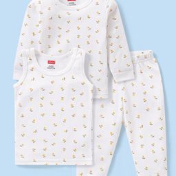 Babyhug Full Sleeves Vest Pullover & Bottom Thermal Wear Combo Floral Print Pack Of 3 - Off White-image-57