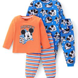 Babyhug Disney Single Jersey Knit Full Sleeves Night Suits with Stripes & Mickey Mouse Graphics Pack of 2 - Orange & Blue-image-85