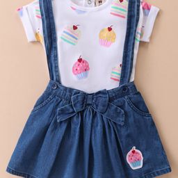 ToffyHouse Cotton Woven Half Sleeves Top & Denim Skirt With Cupcakes Print & Patch - White & Blue-image-76