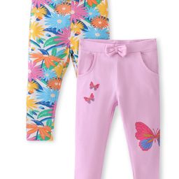 Babyoye Cotton Full Length Leggings With Solid Color & Floral Print Pack of 2 - Pink-image-10