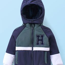 Babyhug Woven Full Raglan Sleeves Front Open Padded Hoooded Jacket With Detachable Hood Colour Block Design & Patch Detailing - Navy Blue-picture-8