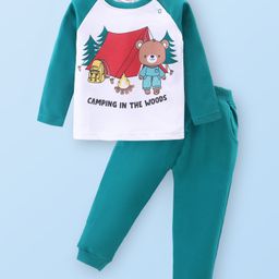Babyhug Cotton Knit Raglan Sleeves T-Shirt & Lounge Pants Set With Camping Print - White & Green-image-98