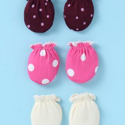 Ben Benny 100% Cotton Knit Mittens With Polka Dots Print Pack of 3 - Maroon Pink & White-16