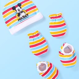 Babyhug Disney Interlock Caps Mittens & Booties Set Mickey Mouse & Strips Print White & Red - Dimension 10 cm-21