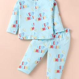ToffyHouse 100% Cotton Knit Full Sleeves Front Open Night Suit With Text Print - Aqua-picture-9
