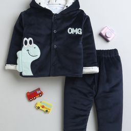 BUMZEE Full Sleeves Animal Patch Detailed Hooded Tee and Pant Set - Navy & White-image-47