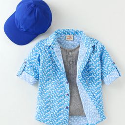 Rikidoos Full Sleeves FlamingoPrinted Shirt With Attached Tee With Cap - Sky Blue-image-70