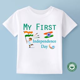 BLUSHES Independence Day Theme 100% Cotton Half Sleeves My First Independence Day Text Printed Tee - White-image-87