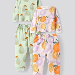 Bonfino Cotton Knit Full Sleeves Night Suits With Fruit Print Pack of 2 - Light Green & Pink-image-25