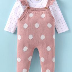ToffyHouse Knitted Full Sleeves Polka Dots Printed Winter Wear T-Shirt & Dungaree Style Romper with Frill Detailing - Rose Gold-image-29
