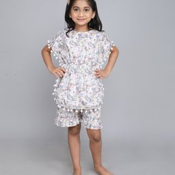 Little Clothing Cotton Woven Bat Wing Half Sleeves Floral Printed & Pompom Lace Detailed Kaftan Top & Coordinating Shorts Set - Grey-image-75