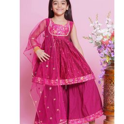 Little Bansi Chanderi Silk Sleeveless Foil Printed & Lace Embellished Coordinating Kurta & Sharara With Dupatta Set - Pink-image-68