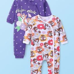 Babyhug Disney Interlock Knit Full Sleeves Front Open Romper with Chip & Dale Print Pack of2- Purple & White-picture-8