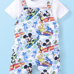 Babyhug Disney Single Jersey Knit Dungaree and Half Sleeves T-Shirt Set Mickey Mouse Graphics - White-image-11