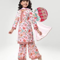 EARTHY TOUCH Single Jersey Knit Three Fourth Sleeves Kurta & Salwar Set With Floral Print Sequin Lace Detailing & Dupatta - Light Pink-image-77