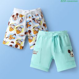 Babyoye Disney Eco Conscious Interlock Knit Knee Length Shorts with Mickey Mouse & Friends Graphics Pack of 2 - White & Sea Green-image-39