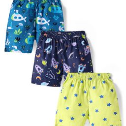 Babyhug Poplin Woven Boxers with Nautical & Space Theme Print Pack of 3 - Light Green Navy & Teal Blue-image-99