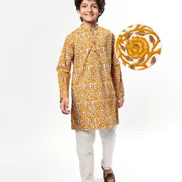 Pine Kids Cotton Woven Full Sleeves Kurta & Pyjama With Floral Print - White & Yellow-picture-18