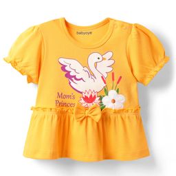 Babyoye100% Cotton Knit Half Puffed Sleeves Top with Bird Print - Yellow-image-15