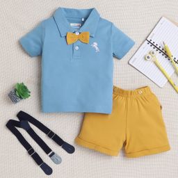 BUMZEE Cotton Half Sleeves Attached Bow Detailed Horse Embroidered Polo Tee With Shorts & Suspender Set - Blue & Mustard-image-65