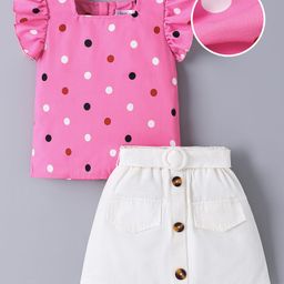 Mark & Mia Frill Sleeves Top & Skirt Set with Polka Dots Print - Pink & White-image-14
