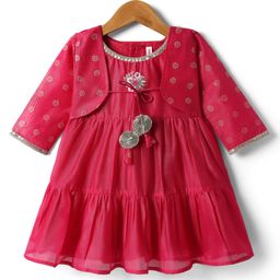Babyhug Woven Ethnic Dress & Three Fourth Sleeves Jacket With Floral Print & Embroidery - Dark Pink-image-35
