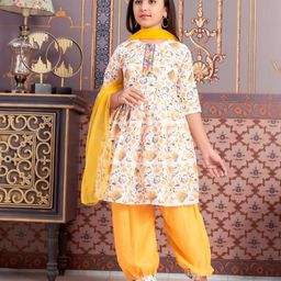 Aarika Three Fourth Sleeves Floral Printed Beads Embellished Kurta Salwar With Dupatta Set - Yellow & White-image-72
