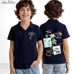 Arias Woven Half Sleeves Shirt With Coconut Tree Embroidery & Print on Front & Back - Navy Blue-image-89