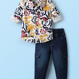 Babyhug Cotton Woven Full Sleeves Shirt and Jeans with Floral Print - White & Navy Blue-image-83