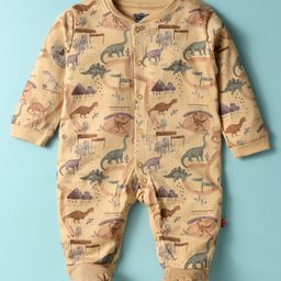 Mini Taurus Interlock Knit Full Sleeves Footed Romper With Dino Print - Mustard-image-19