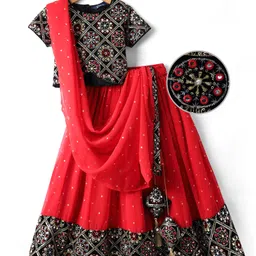 Pine Kids Woven Half Sleeves Choli Lehenga Set with Dupatta Floral Embroidery & Sequin Detailing -Red & Black-picture-23