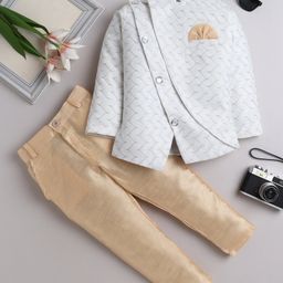 Fourfolds Cotton Blend Full Sleeves Onion Dome Printed Jodhpuri & Pant Set - White-image-2