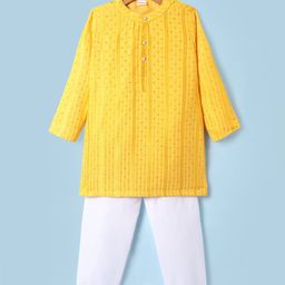Babyhug Woven Full Sleeves Kurta Pajama Set With Embroidery & Sequin Detailing - Yellow-image-113