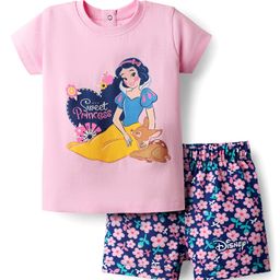 Babyhug Disney 100% Cotton Half Sleeves Shorts Night Suit With Snow White Graphic - Pink & Navy Blue-image-77