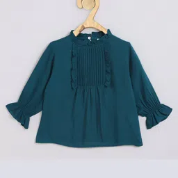 Chuppan Chupai Viscose Rayon Woven Three Fourth Sleeves Pin Tuck Detailed Top - Firozi Blue-picture-20