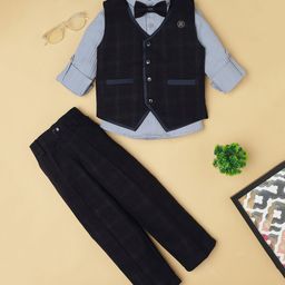 Rikidoos Full Sleeves Checked 3 Piece Party Suit With Bow Set - Navy & Light Blue-image-9