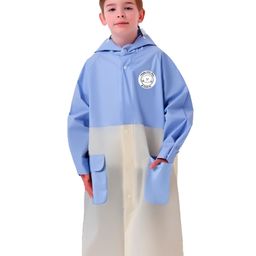Little Surprise Box PVC Full Sleeves Cut & Sew Hooded Raincoat With Extra Backpack Space - Blue & Cream-image-77