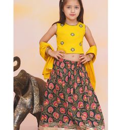 KID1 Cotton Woven Sleeveless Peacock Feather Embroidered & Floral Printed Lehenga Choli With Dupatta Set - Yellow & Green-image-57