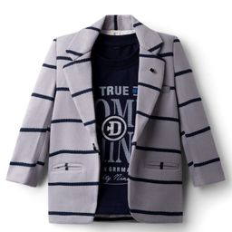 Dapper Dudes Full Sleeves Striped Blazer With Typography Printed Tee Set - Grey-picture-23