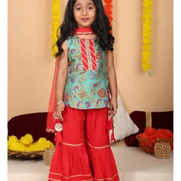 Kinder Kids Cotton Woven Sleeveless Floral Printed & Gota Lace Embellished Kurti Sharara With Dupatta Set - Green-picture-40