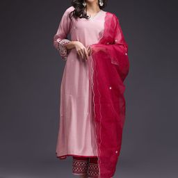 Sangria Women Floral Embroidered Kurta with Trousers & Dupatta-picture-26