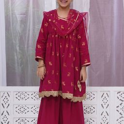 Little Bansi Girls Animal Printed Angrakha Pure Cotton A-line Kurta with Sharara & Dupatta-image-71