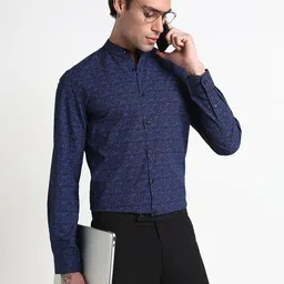 SHOWOFF Abstract Printed Mandarin Collar Long Sleeves Comfort Slim Fit Formal Cotton Shirt-3