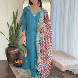 Navlik Women Embroidered Regular Kurta with Trousers & With Dupatta-image-71