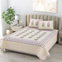 DE CAMA Beige & Green Floral 210 TC King Bedsheet with 2 Pillow Covers-image-37