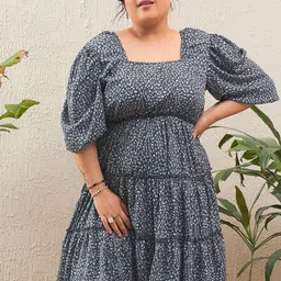 SASSAFRAS Curve Women Plus Size Printed Puff Sleeve Empire Dress-image-79