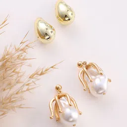 SOHI Set Of 2 Gold-Plated Teardrop-Bud Pearls Drop Earrings-63