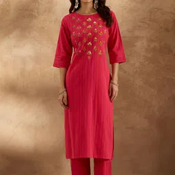 Indo Era Women Floral Embroidered Regular Thread Work Pure Cotton Kurta with Trousers-image-72